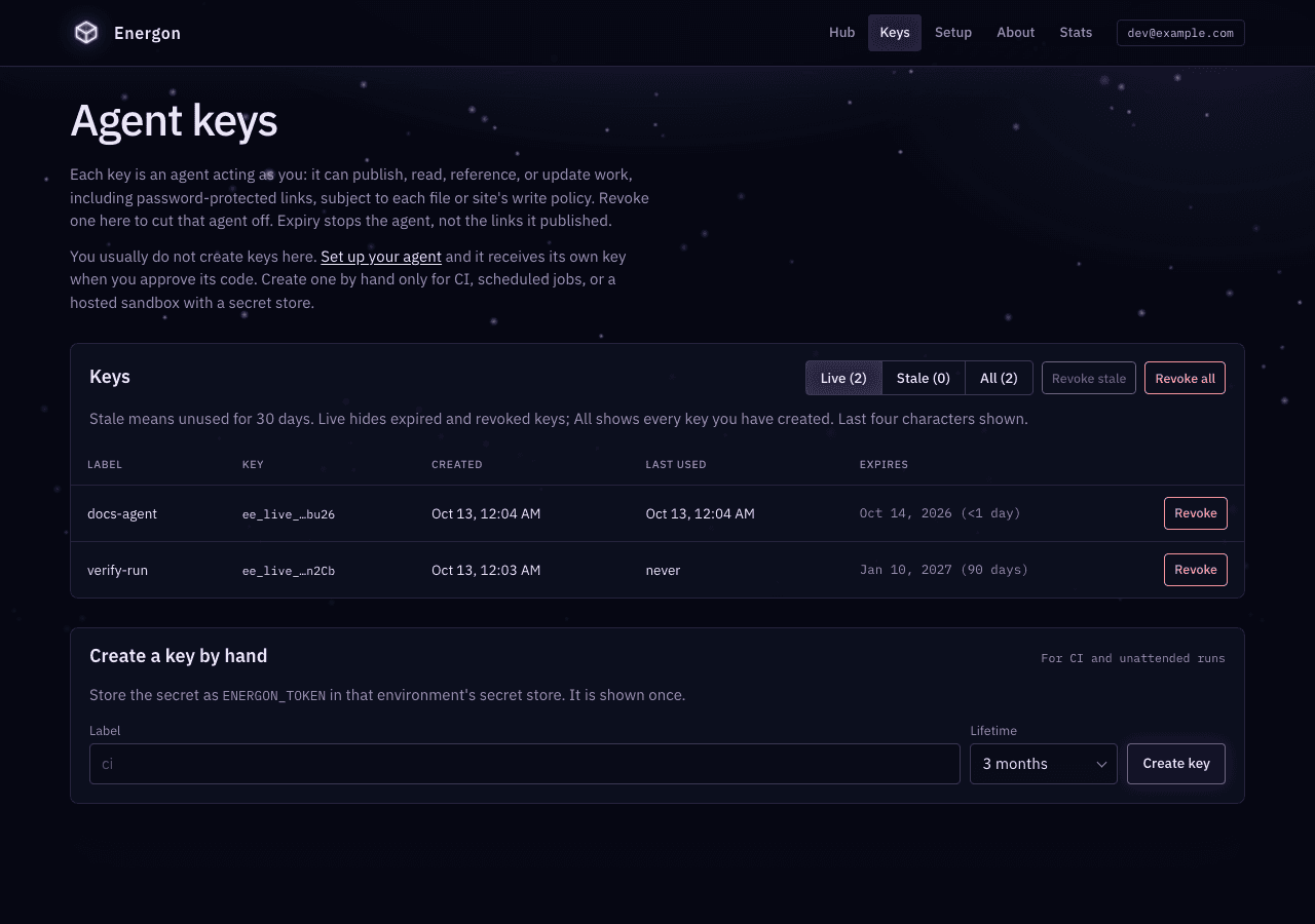 Agent keys with active keys, masked key hints, expiration, and the Create a key by hand form below.