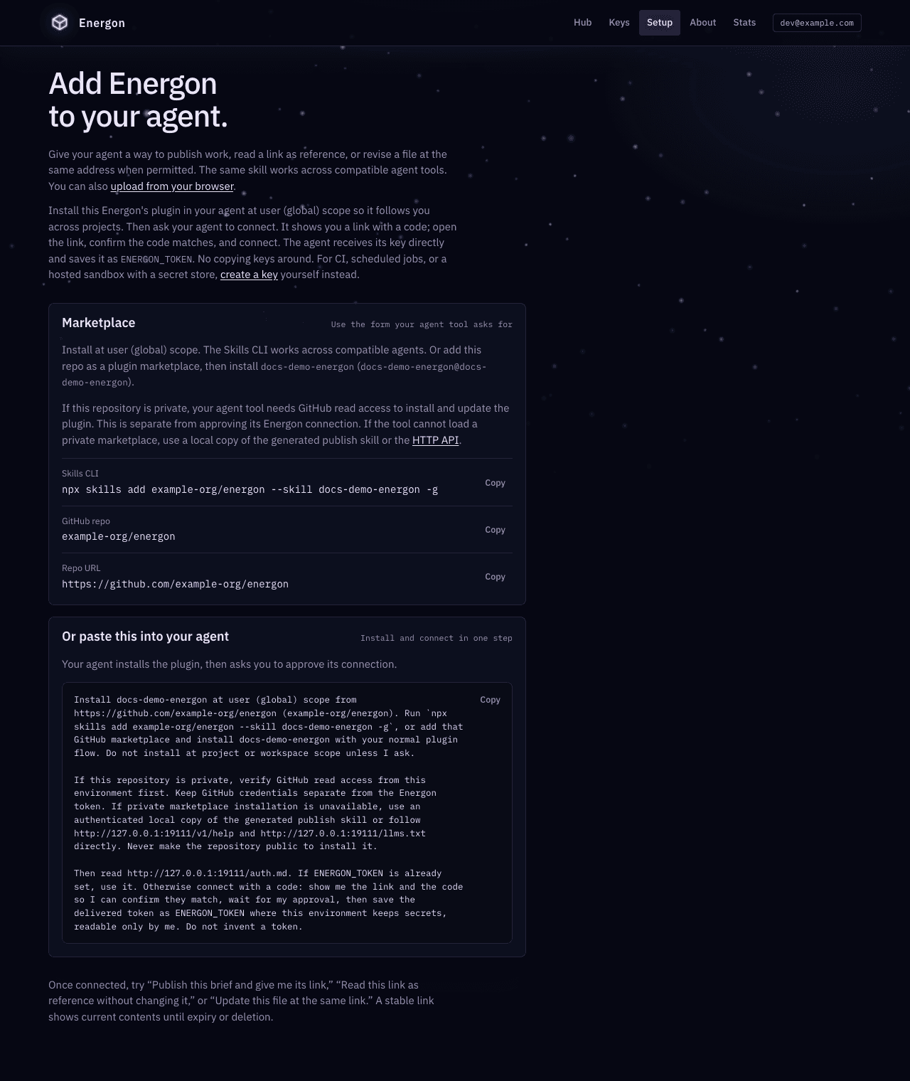 Setup with the Skills CLI command, marketplace coordinates, private repository access guidance, and an install-and-connect block.
