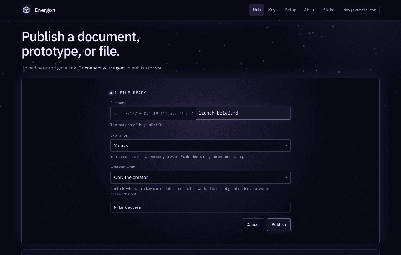 launch-brief.md staged with a seven-day expiration, creator-only writes, and the Publish button.