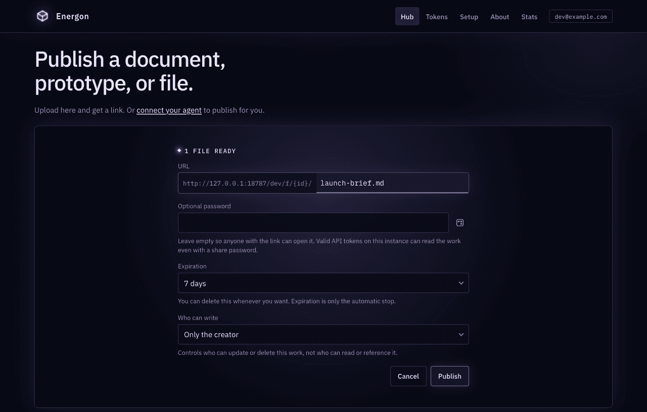 launch-brief.md staged with a seven-day expiration, creator-only writes, and the Publish button.