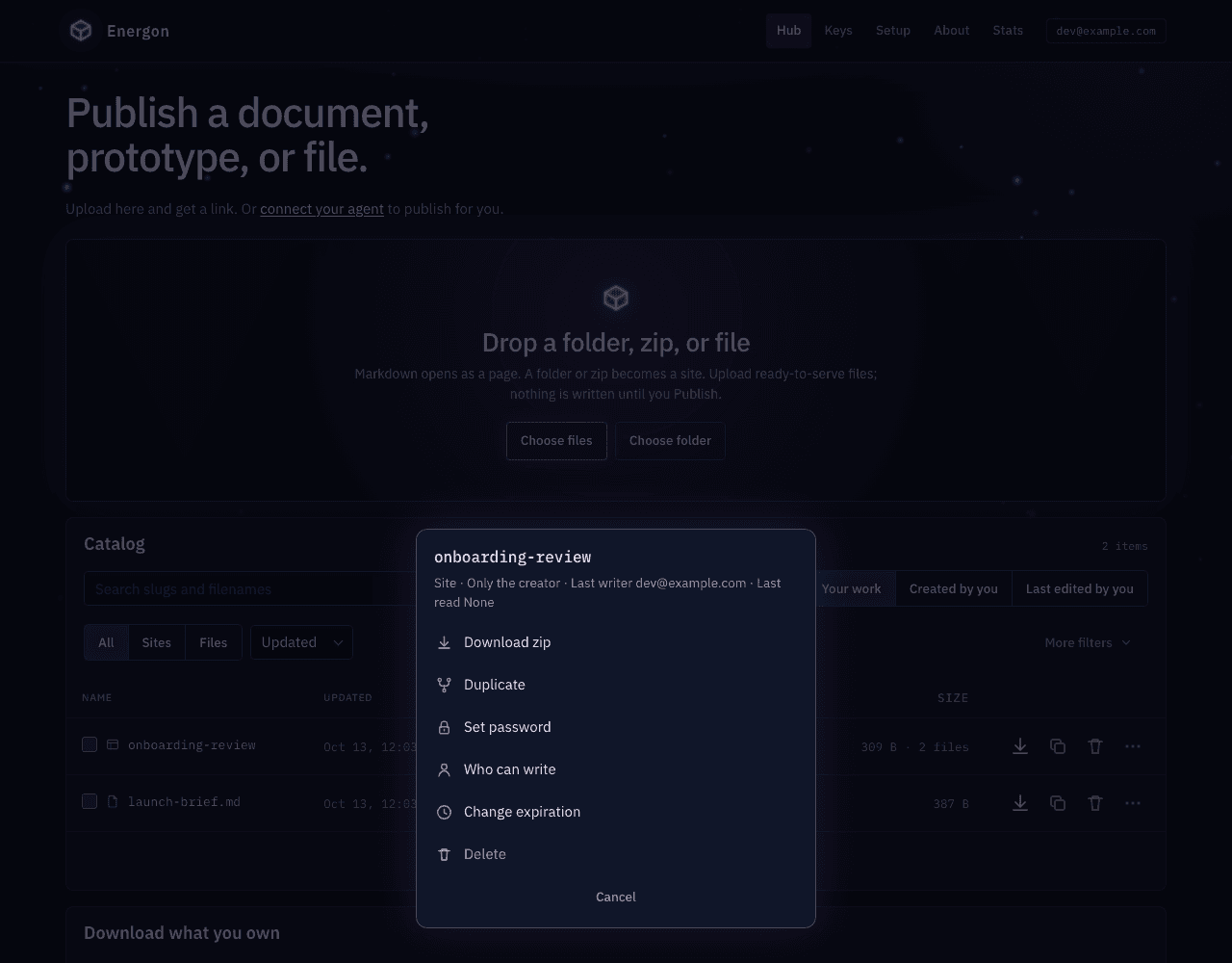 The More actions sheet for a site owned by the signed-in account, naming the last writer and last read above Download zip, Duplicate, Set password, Who can write, Change expiration, and Delete.