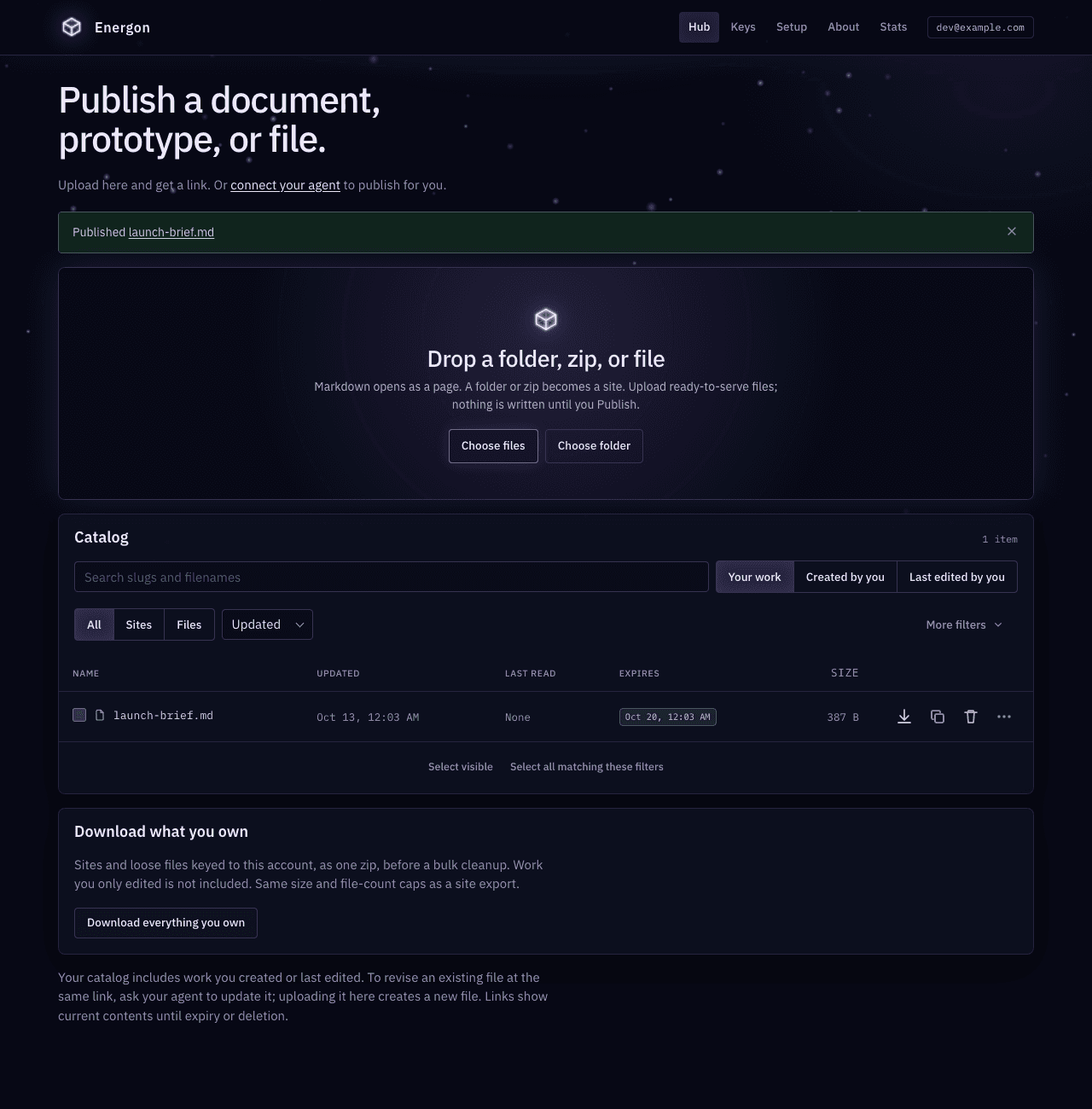 A published launch-brief.md in the Energon hub catalog, with its updated time, last read (None), expiration badge, and size, and the Download what you own card below.