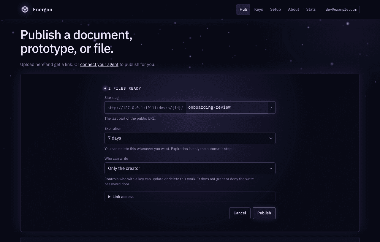 A prepared site staged with its slug, file count, expiration, and Publish button.
