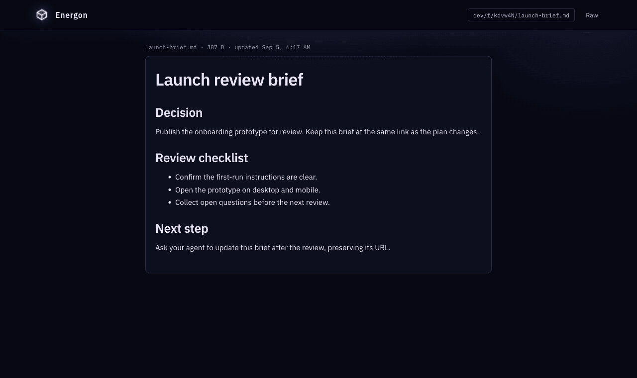 The launch brief rendered as a document, with a Raw link.