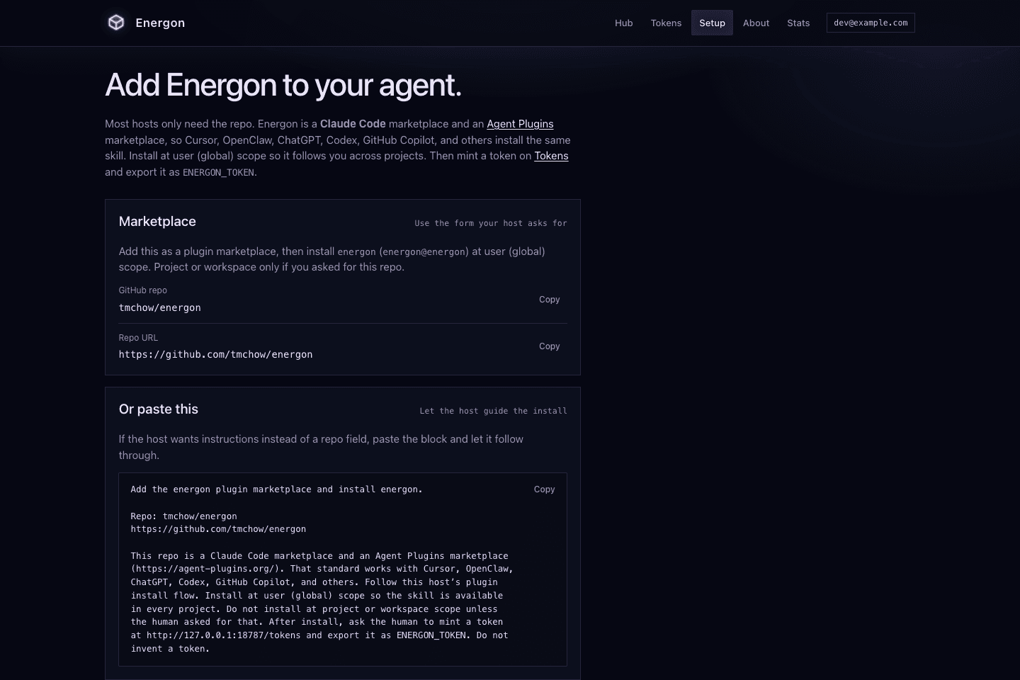 The Energon Setup page showing the marketplace repository, install guidance, and human token handoff.