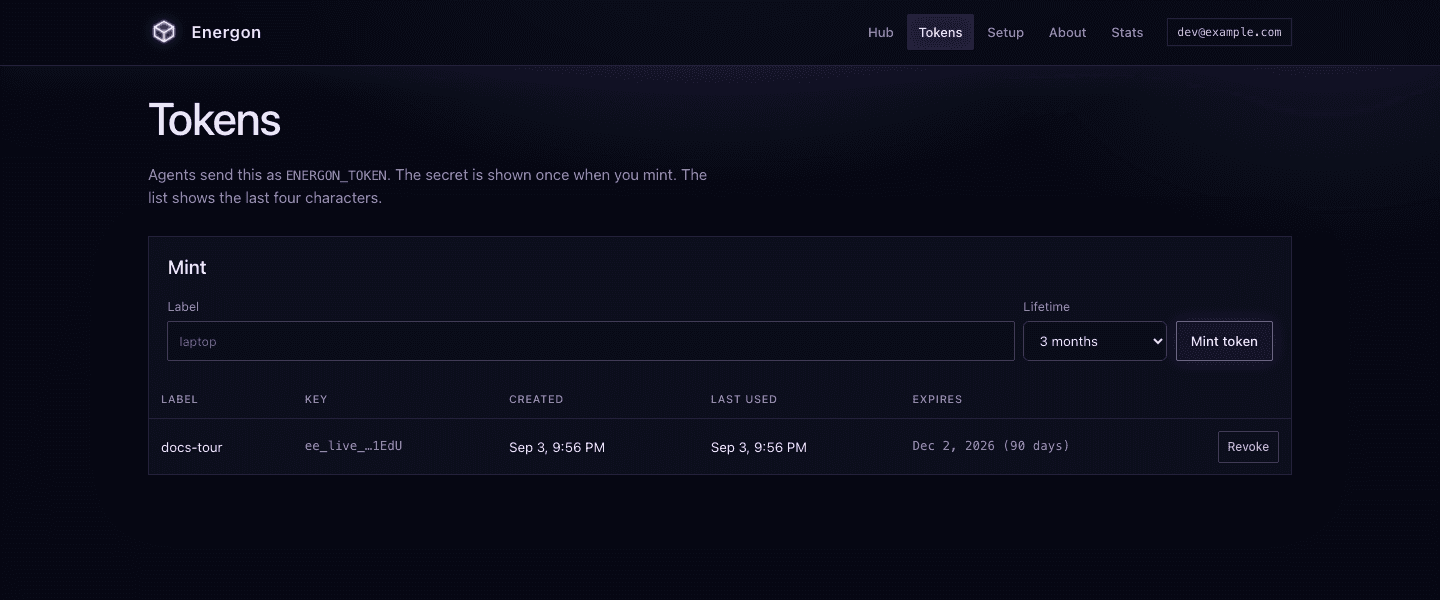 The Energon Tokens page showing a docs-tour token with a shortened key hint and 90-day expiry.